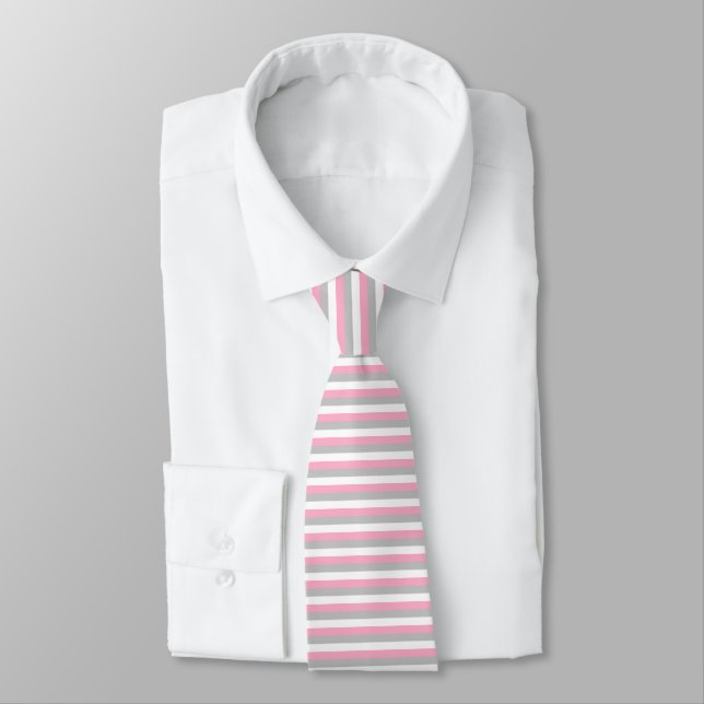 Pink, Silver and White Stripes Tie (Tied)