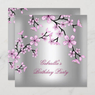 Pink Silver Asian Floral Birthday Party Invitation