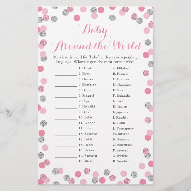 Pink Silver Baby Around the World Translation Game (Front)