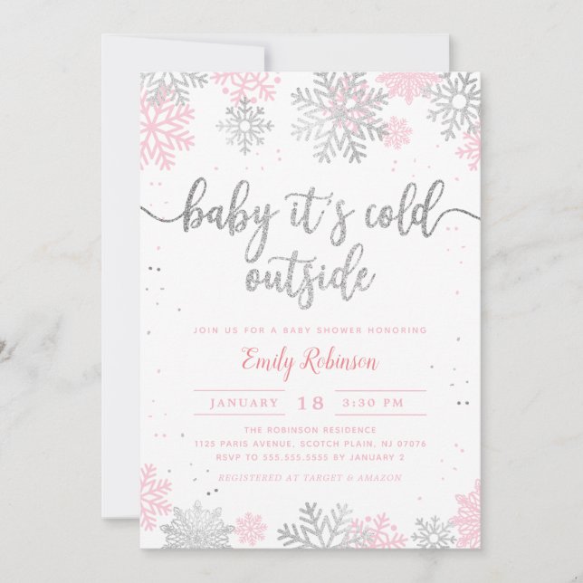 Pink Silver Baby Its Cold Outside Girl Baby Shower Invitation (Front)