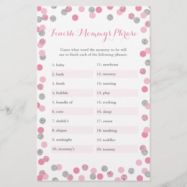 Pink Silver Baby Shower Finish Mummy's Phrase Game (Front)