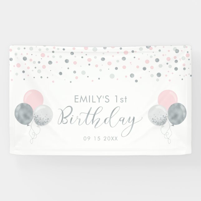 Pink & Silver Balloon 1st Birthday Banner (Horizontal)