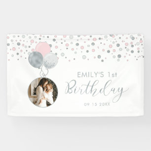 Pink & Silver Balloon 1st Birthday Photo Banner