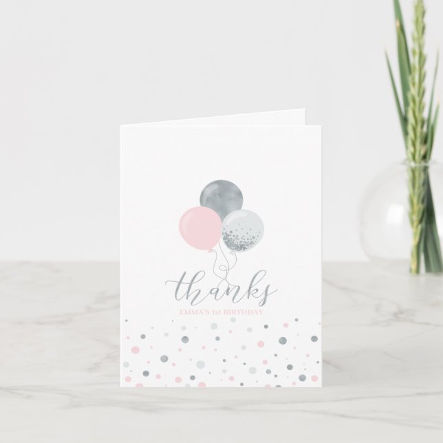 Pink & Silver Balloons 1st Girl Birthday Thank you Card (Front)