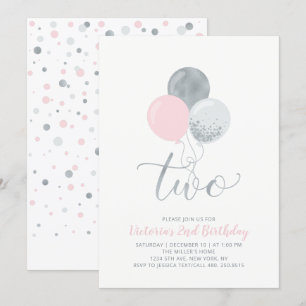 Pink & Silver Balloons   Girl 2nd Birthday Party Invitation