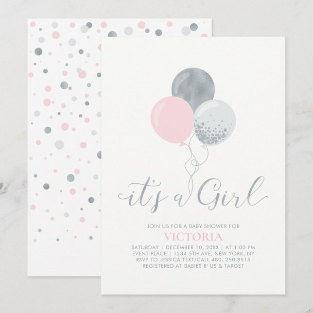 Pink & Silver Balloons | It's a Girl Baby Shower Invitation (Front/Back)