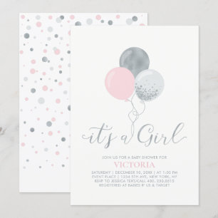 Pink & Silver Balloons   It's a Girl Baby Shower Invitation
