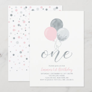 Pink & Silver Balloons   One 1st Girl Birthday Invitation