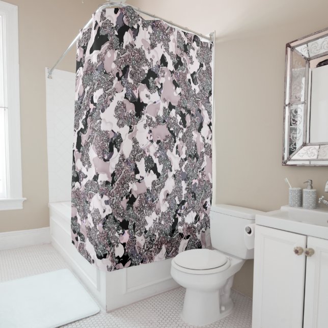 Pink Silver & Black Beauty Spill Glam Gloss Girly Shower Curtain (In Situ)
