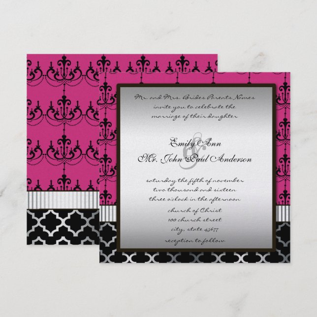 Pink Silver & Black Chandelier Wedding Invite (Front/Back)