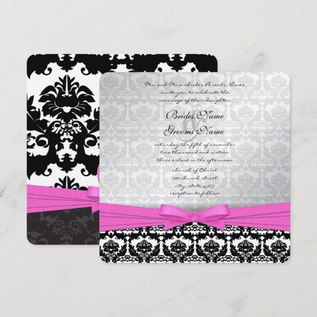 Pink Silver & Black Damask Swirls Wedding Invite (Front/Back)