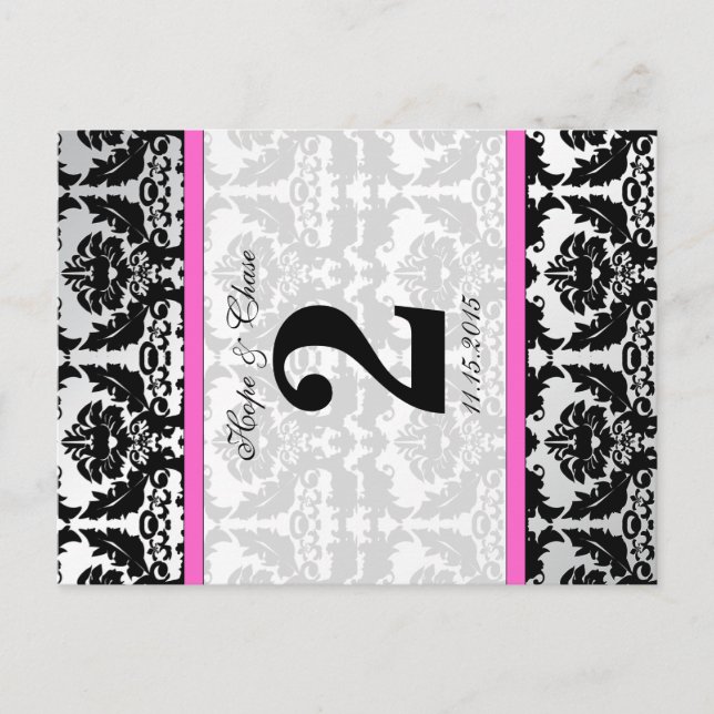 Pink Silver & Black Damask Table Number Cards (Front)