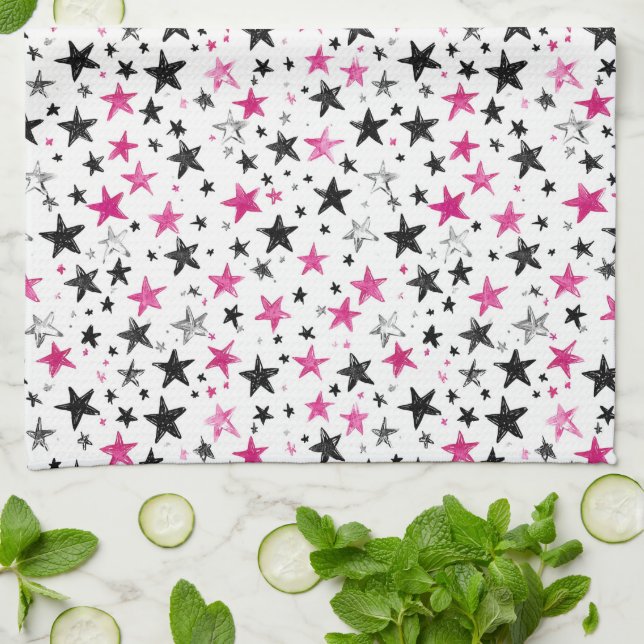 Pink Silver Black Stars Tea Towel (Folded)