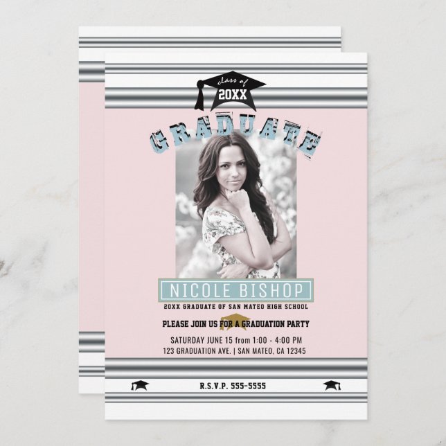 Pink Silver Blue Elegant Photo Graduation Party  Invitation (Front/Back)