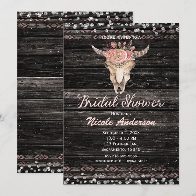 Pink Silver Boho Floral Skull Rustic Bridal Shower Invitation (Front/Back)
