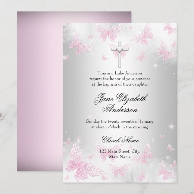 Pink Silver Butterfly Cross Baptism Invite (Front/Back)