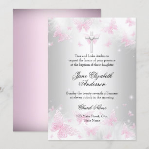 Pink Silver Butterfly Cross Baptism Invite
