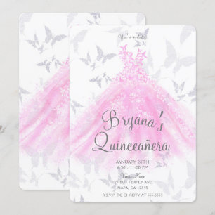 Pink Silver Butterfly Dance Dress Quinceañera Invitation