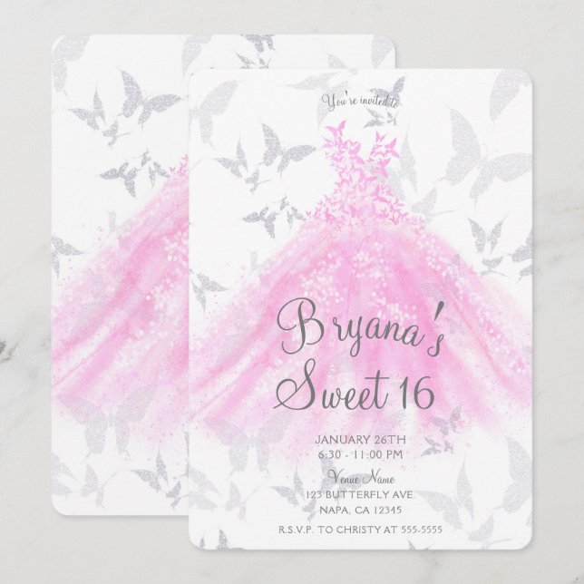 Pink Silver Butterfly Dance Dress Sweet 16 Party  Invitation (Front/Back)