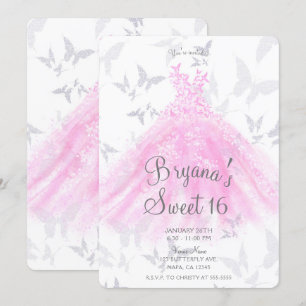 Pink Silver Butterfly Dance Dress Sweet 16 Party  Invitation