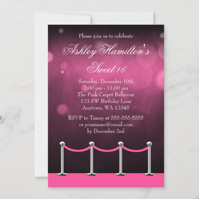 Pink Silver Carpet Hollywood Sweet 16 Birthday Invitation (Front)