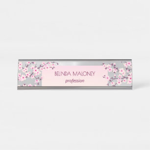 Pink Silver Cherry Blossom Desk Name Plate