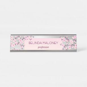 Pink Silver Cherry Blossom Desk Name Plate