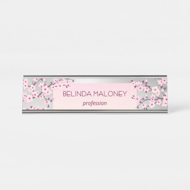 Pink Silver Cherry Blossom Desk Name Plate (Front)