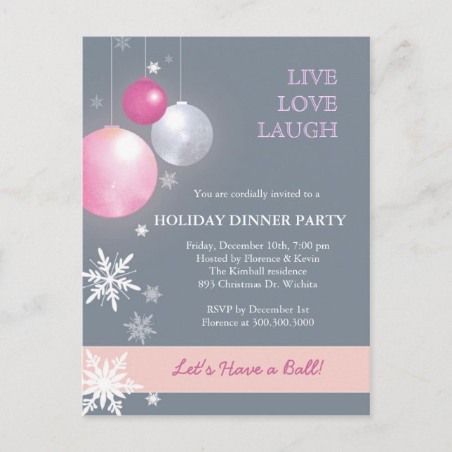 Pink, Silver Christmas Balls Dinner Party Invitation Postcard (Front)