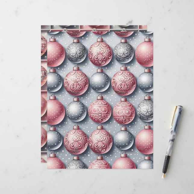 Pink & Silver Christmas Baubles Scrapbook Paper (Front/Back In Situ)