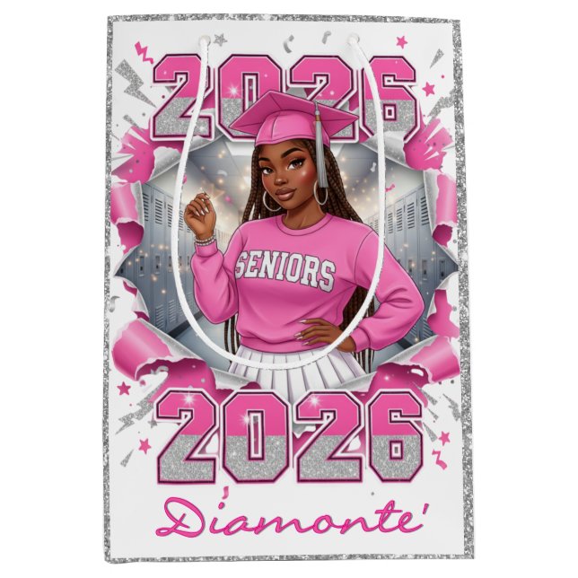 Pink & Silver Class of 2026 Senior Graduation Medium Gift Bag (Front)
