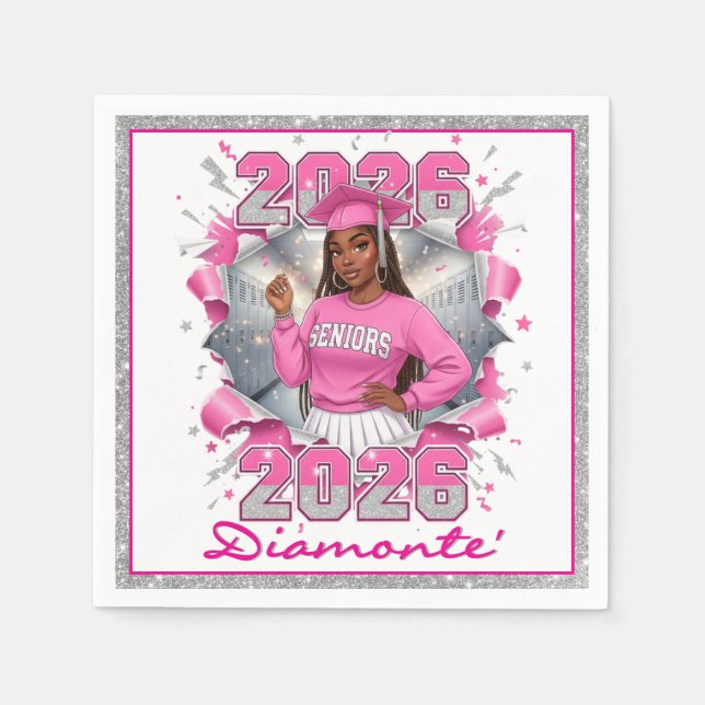 Pink & Silver Class of 2026 Senior Graduation Napkin (Front)