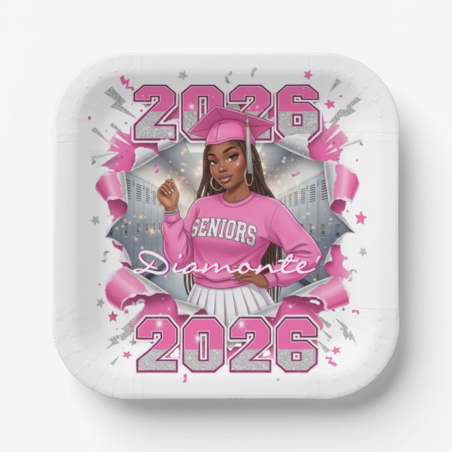 Pink & Silver Class of 2026 Senior Graduation Paper Plate (Front)
