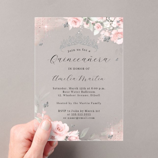 Pink Silver Clear Acrylic Floral Quinceanera  Acrylic Invitations (Insitu (Handheld))