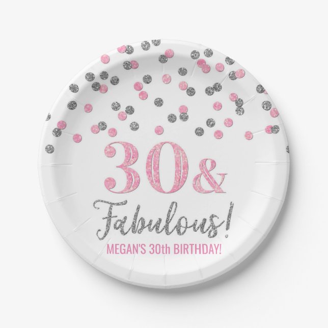 Pink Silver Confetti 30 and Fabulous Paper Plate (Front)