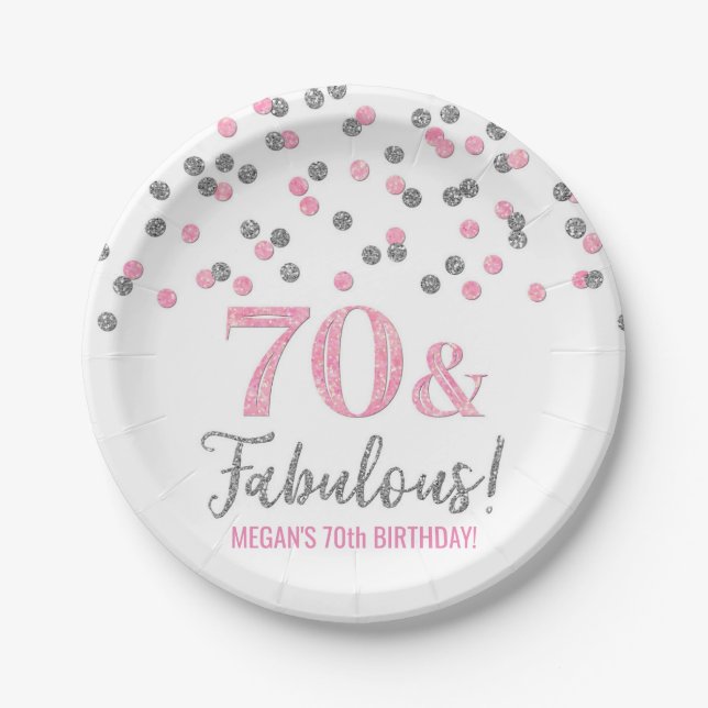 Pink Silver Confetti 70 and Fabulous Birthday Paper Plate (Front)