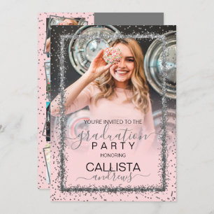 Pink Silver Confetti Border Photo Graduation Invitation