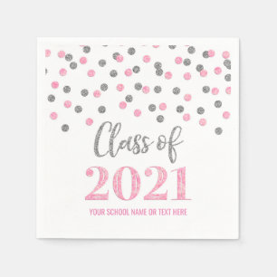 Pink Silver Confetti Class of 2021 Graduation Napkin