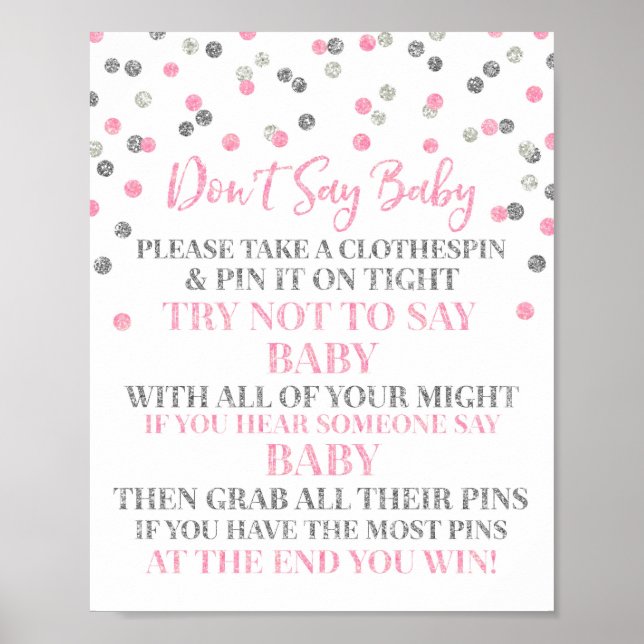 Pink Silver Confetti Don't Say Baby Game Sign (Front)