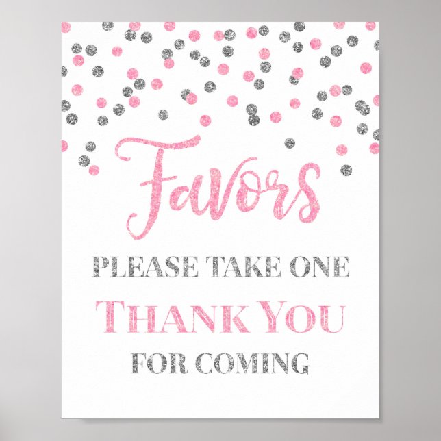 Pink  Silver Confetti Favours Baby Shower Sign (Front)