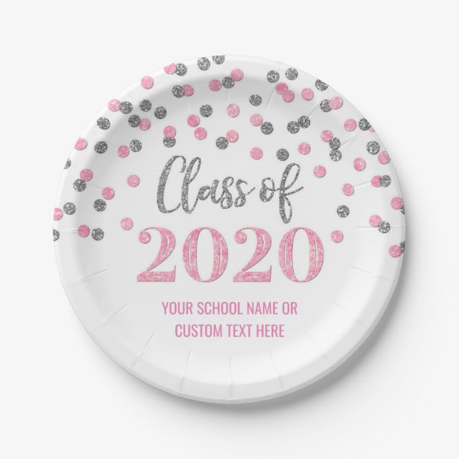 Pink Silver Confetti Graduation 2020 Paper Plate (Front)