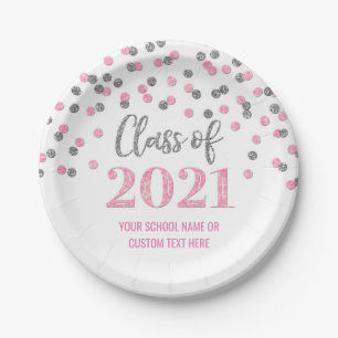 Pink Silver Confetti Graduation 2021 Paper Plate