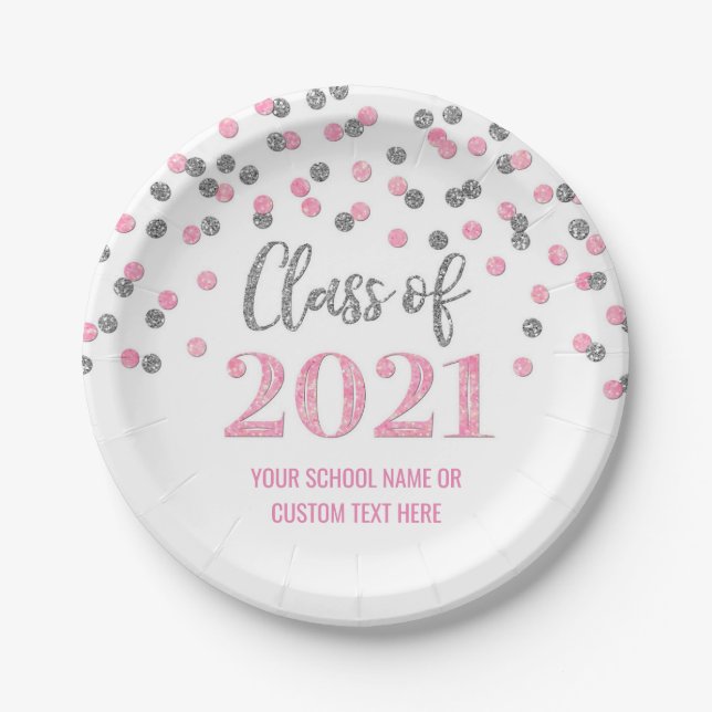 Pink Silver Confetti Graduation 2021 Paper Plate (Front)