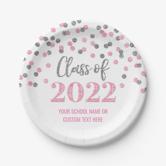 Pink Silver Confetti Graduation 2022 Paper Plate (Front)