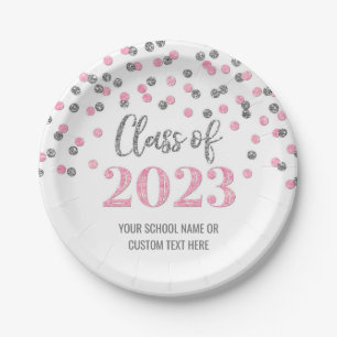 Pink Silver Confetti Graduation 2023 Paper Plate