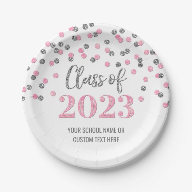 Pink Silver Confetti Graduation 2023 Paper Plate (Front)