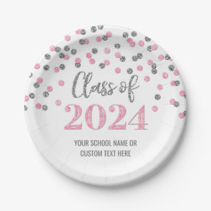 Pink Silver Confetti Graduation 2024 Paper Plate