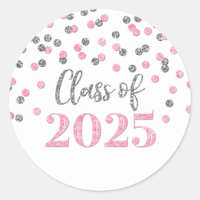 Pink Silver Confetti Graduation 2025 Classic Round Sticker (Front)