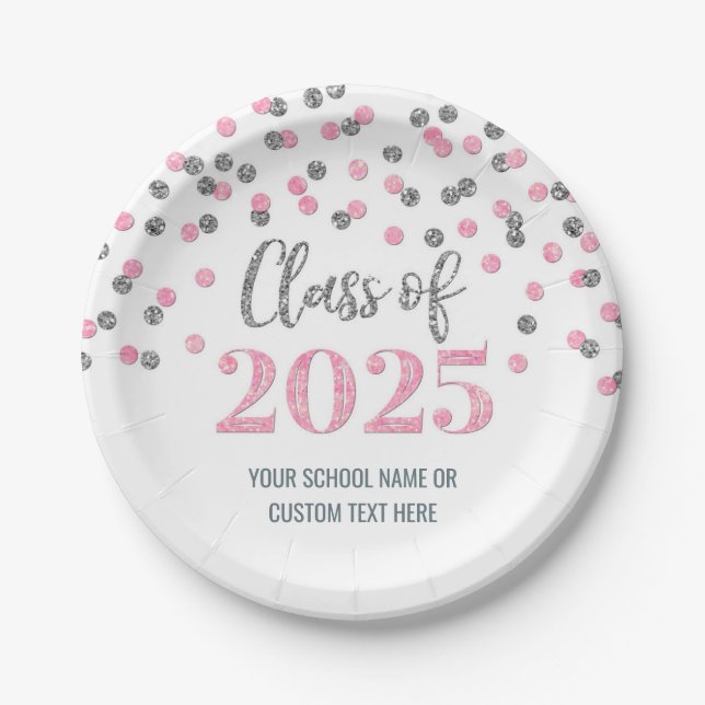Pink Silver Confetti Graduation 2025 Paper Plate (Front)