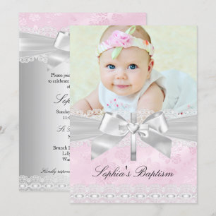Pink Silver Cross Lace Bow Photo Baptism Invitation